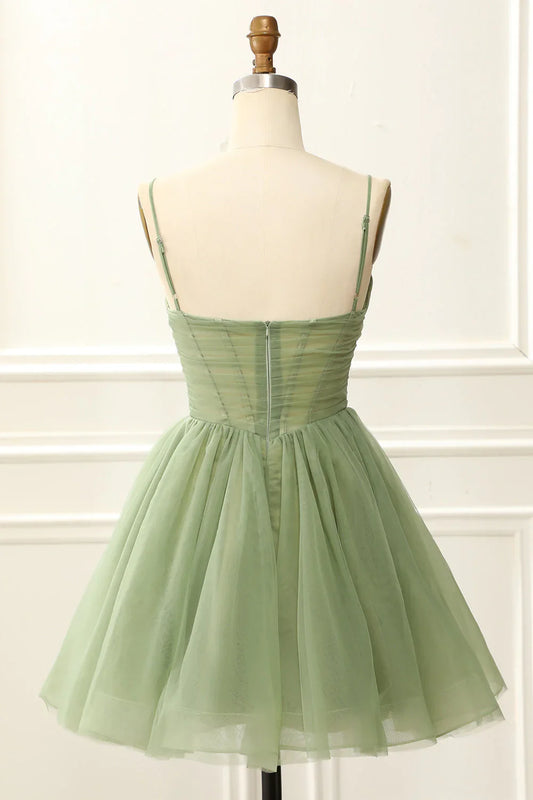 A Line Spaghetti Straps V Neck Short Above Knee Tulle Homecoming Dress fg4555