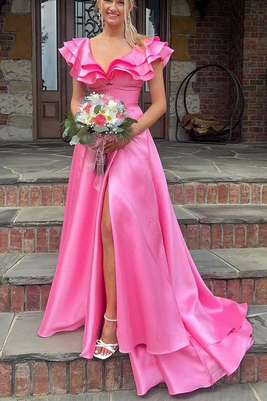 Chic Hot Pink Satin Long Formal Dress, Hot Pink Satin Prom Dress Evening Dress