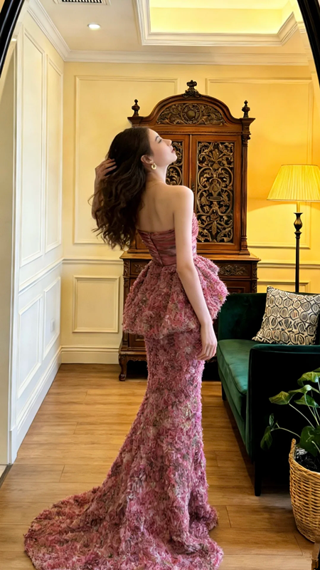Pink floral strapless fitted waist bodycon sexy long ball gown R8588