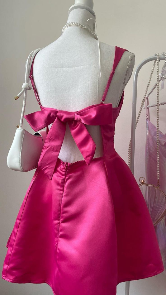 Cute Hot Pink Square Neck Satin A Line Short Party Dress Graduation Homecoming Dress D498
