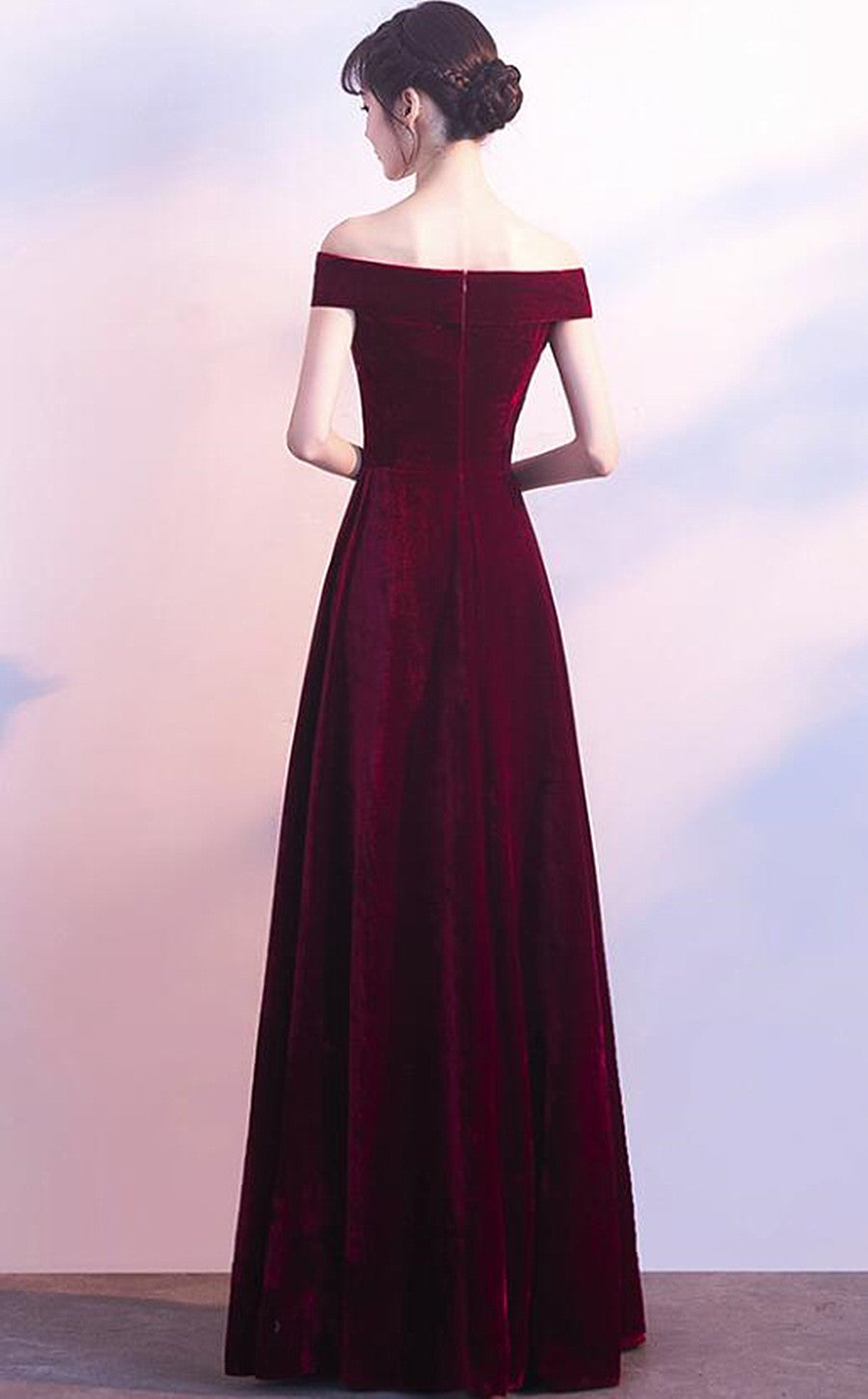 Velvet Wine Red Off Shoulder A-line Party Dress, Wine Red Bridesmaid Dresses