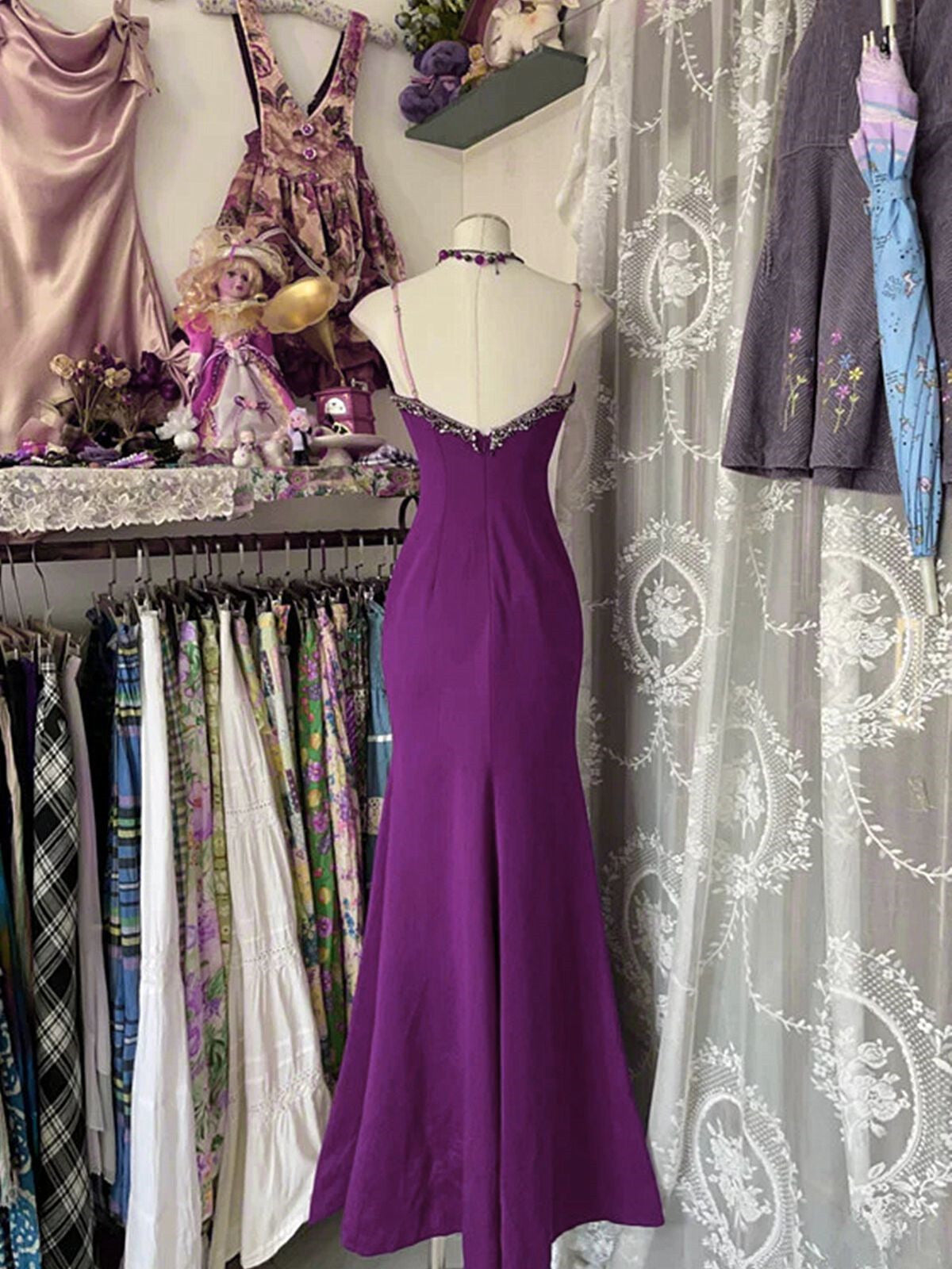 Purple Mermaid Lace Straps Long Party Dress, Purple A-line Prom Dress Evening Dress