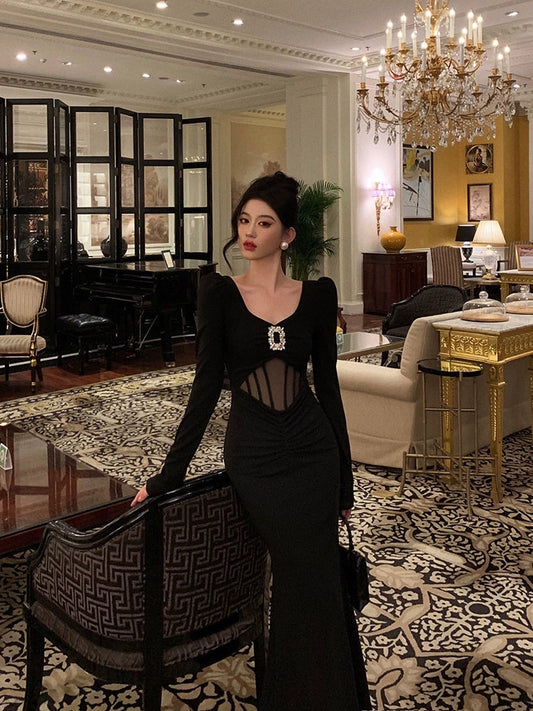 Black sexy diamond dress for women long evening dress S5501