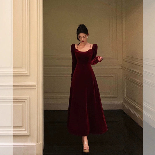 red velvet dress for women new retro long skirt S5484