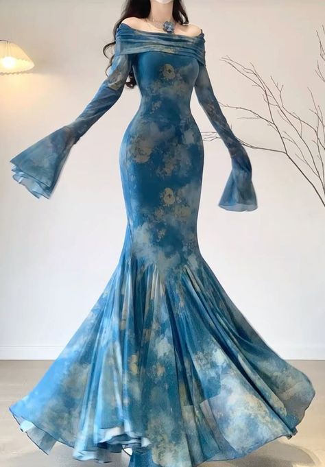 Mermaid Off The Shoulder Floral Blue Long Sleeves Party Dresses Birthday Outfits S5447
