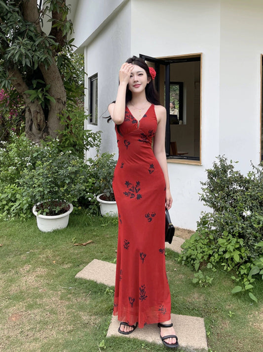 Printed red V-neck suspender dress for women sexy and elegant holiday dress S5458