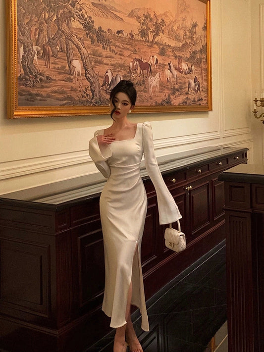 square neck satin dress new slit long dress S5479