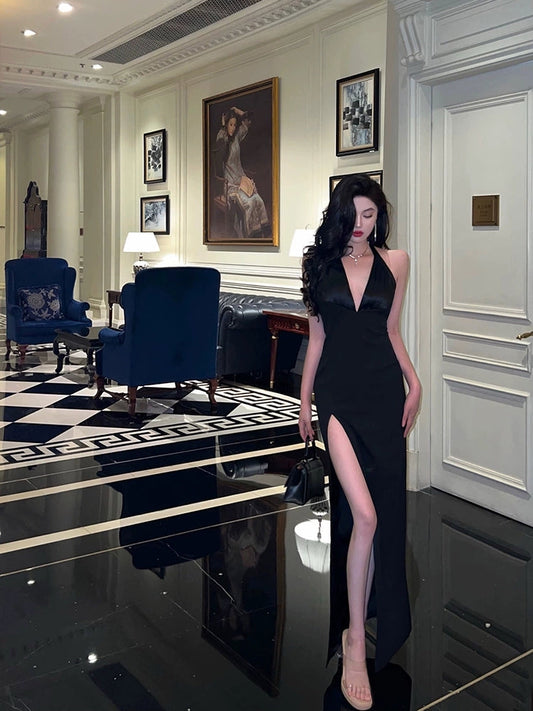 Sexy black halter neck dress new backless slit long dress S5476