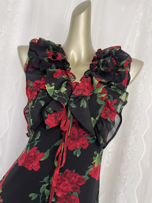 retro red rose V-neck sexy backless travel holiday floral beach dress S5468