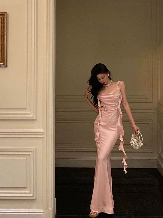 Sexy Mermaid Straps Neckline Backless Satin Pink Slit Prom Dresses Birthday Outfits S5448