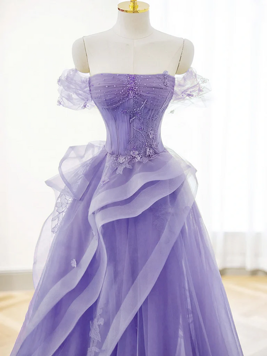Purple A-line Tulle Off Shoulder Long Prom Dress, Purple Lace Evening Dress
