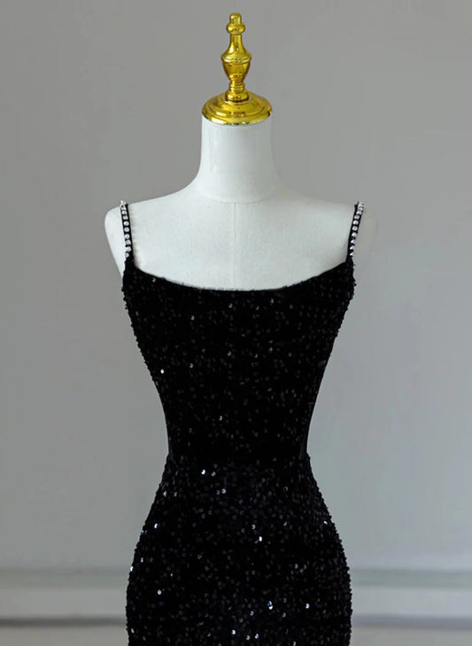 Black Mermaid Sequins Long Formal Dress, Black Straps Long Evening Dress