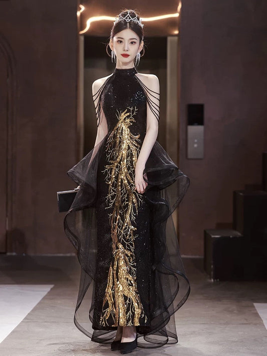 Elegant Black Sequins Halter Evening Dress With Lace Applique, Black Long Prom Dress
