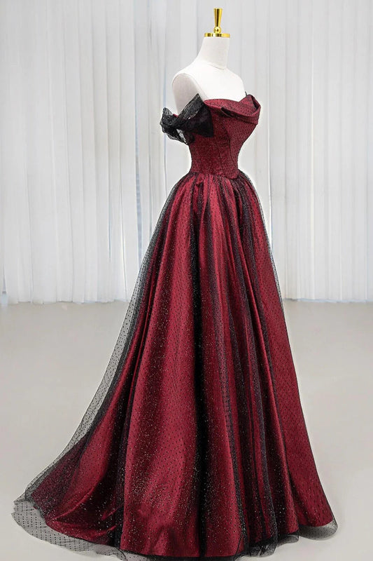 Black and Red Off Shoulder A-line Party Dress, Simple Style Prom Dress Evening Dress