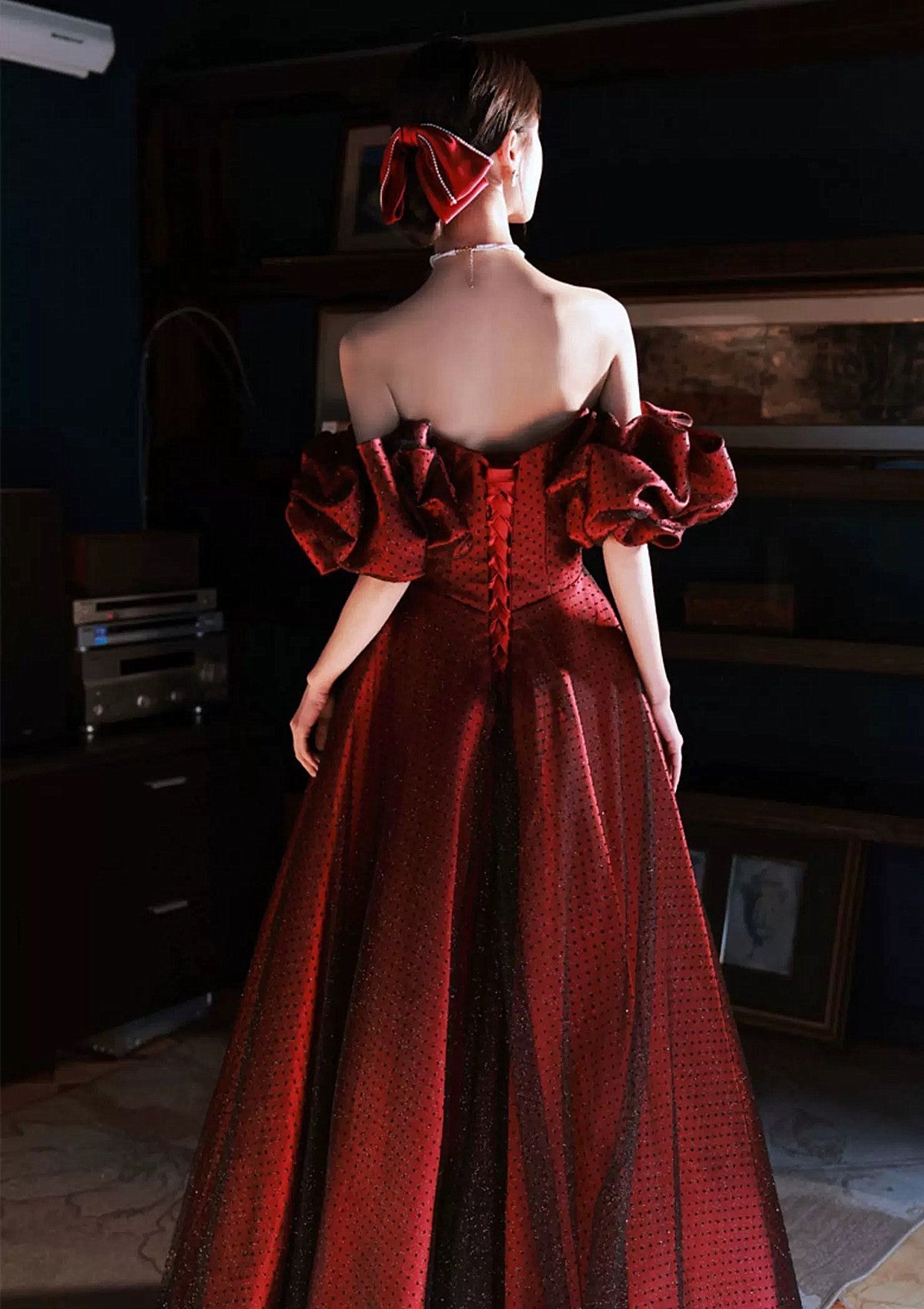 Red and Black A-line Sweetheart Off Shoulder Party Dress, Long Prom Dress Formal Dress