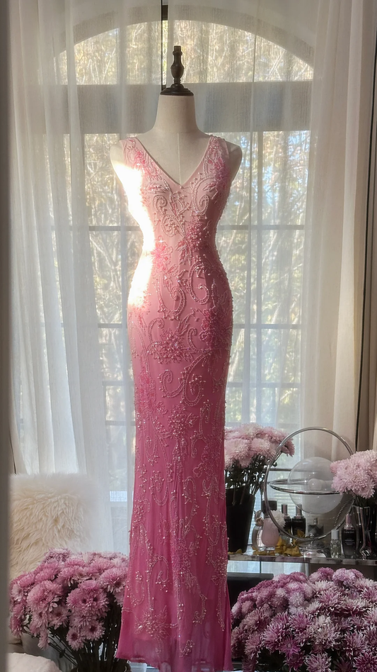 Pink Ombre V Neck Mermaid Beading Long Prom Dress Vintage Party Dress, D941