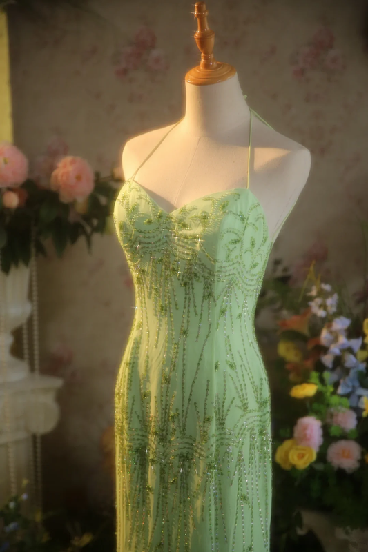Light green halter neck strap fitted waist long ball gown/bridal dress R7269