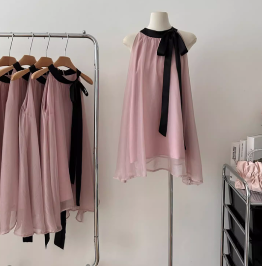 Classic pink and black halter neck dress gentle temperament skirt long skirt for women R0293