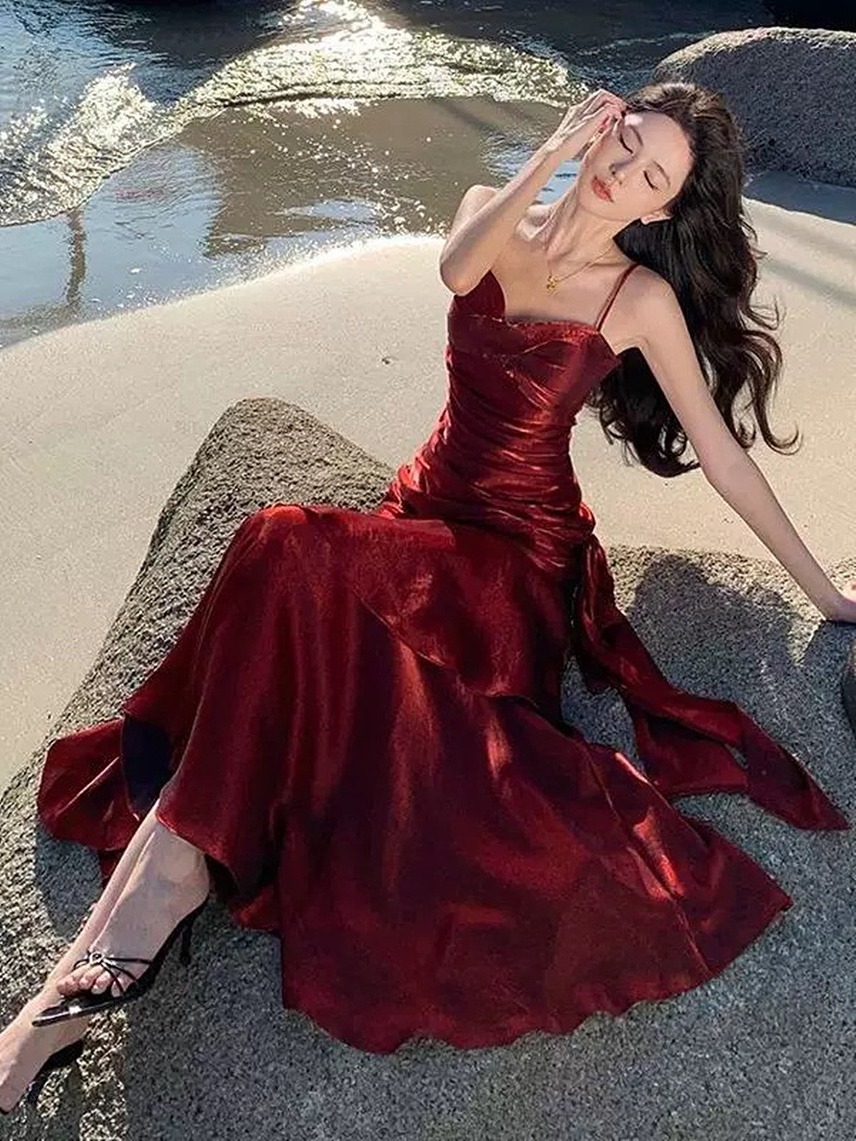Wine Red Satin Mermaid Chic Sweetheart Prom Dress, Wine Red Satin Long Eveming Dress