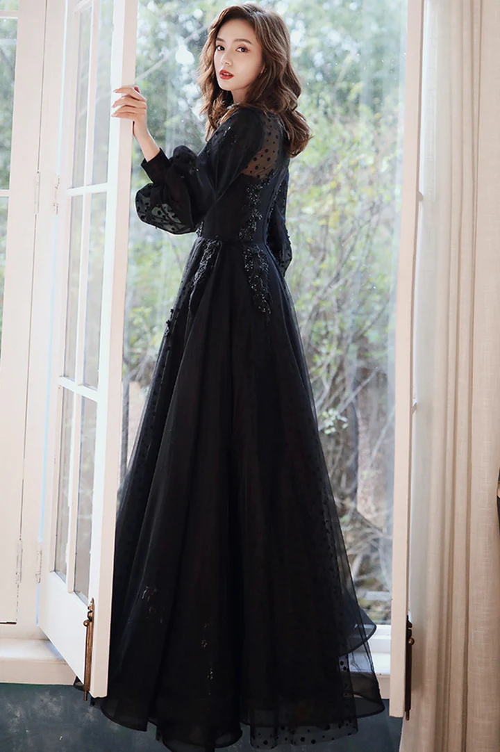Puffy Long Sleeves Tulle With Lace Long Evening Dress, A-Line Back Long Prom Dress