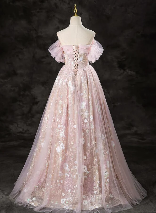 Cute A-line Pink Lace and Tulle Sweetheart Party Dress, Pink Tulle Prom Dress