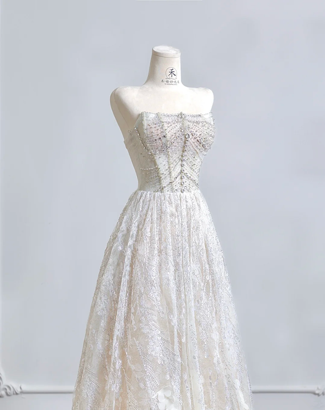White strapless, fitted waist, heavily embellished, sexy long ball gown R8203