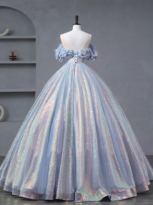 A-Line Off Shoulder Tulle Sequin Blue Purple Long Prom Dress, Sequin Formal Dress fg4440