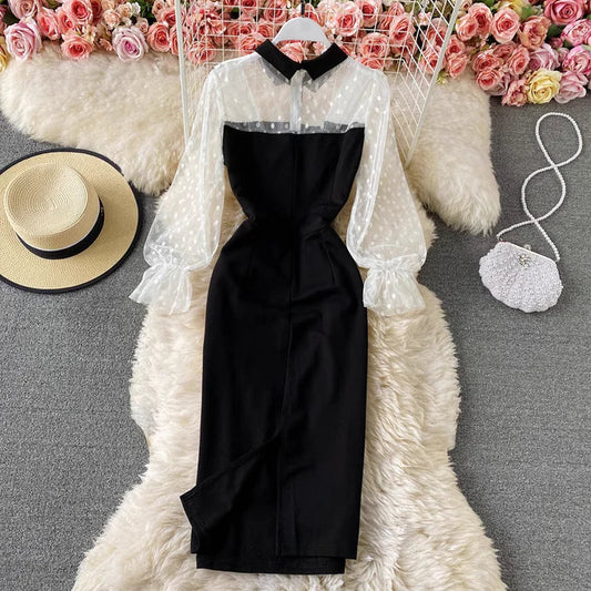 Summer New Tulle Sheath Dress Black Long Sleeves Elegant Dress S4942