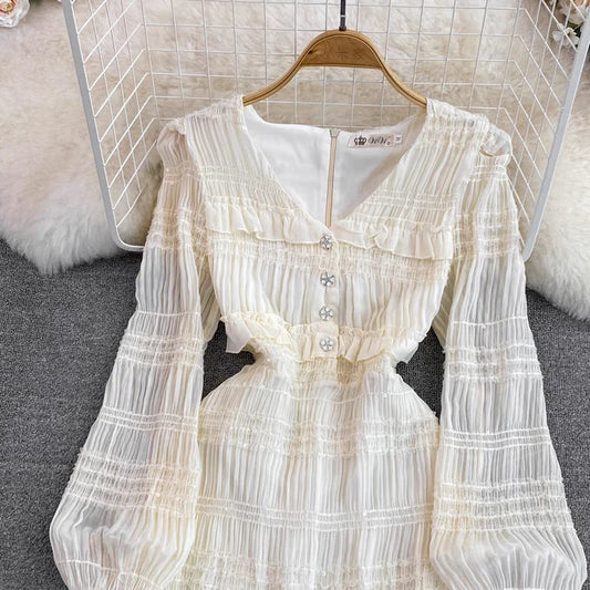 Vintage Long Sleeves V Neck Ruffled Short A Line Chiffon Dress S4937