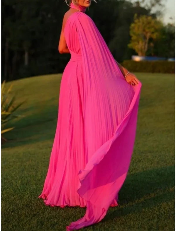 A-Line Evening Gown Elegant Dress Formal Sweep / Brush Train Sleeveless One Shoulder Chiffon with Pleats Ruched S4952