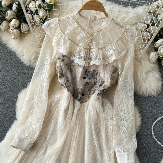 Spring and Autumn Retro Lace Dress Mid Length Fairy Lace Dress S4941