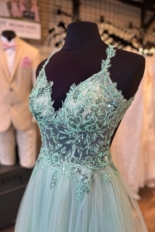 Dusty Sage Flower Straps Beaded V Neck Long Prom Dress fg4492
