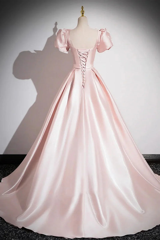 Pink Satin Short Sleeves A-line Long Party Dress, Pink Satin Prom Dress S7171