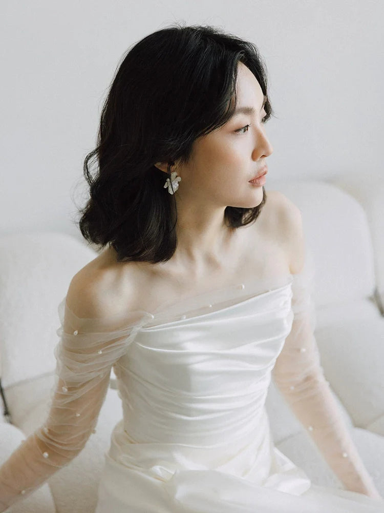 Long Sleeves Satin Mermaid Wedding Dresses Long Bridal Gown S7213
