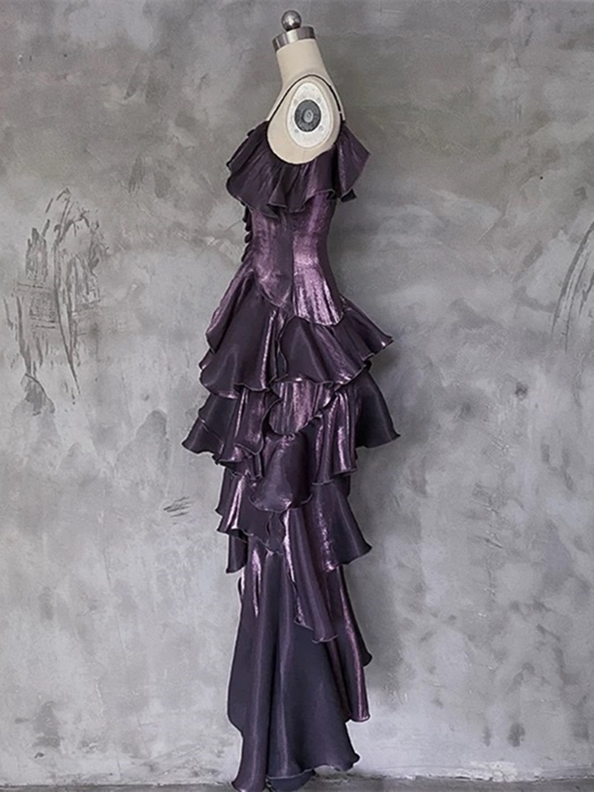 Lovely Purple High Low Straps Satin Long Prom Dress, Purple Satin Homecoming Dress