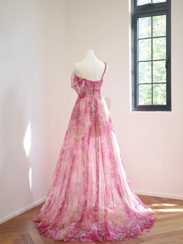 Pink floral print, fitted waist, full skirt, long ball gown, bridal dress R8464