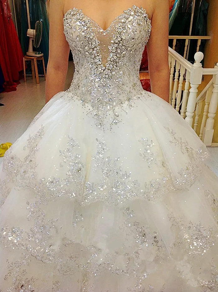 Luxury Ball Gown Fluffy Wedding Dresses Plus Size Tulle Lace Crystal Diamond Wedding Gowns