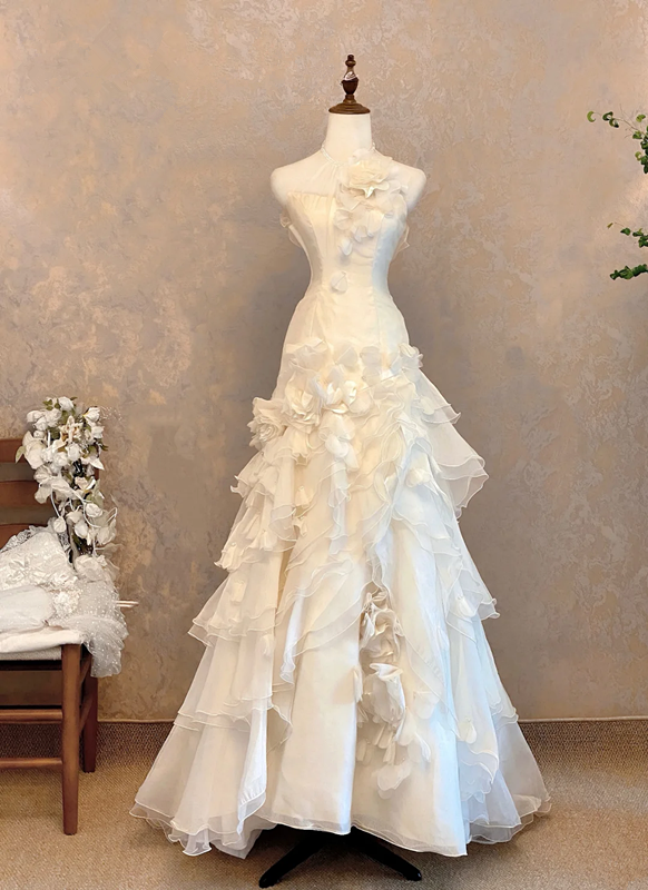 White halter neck fitted waist slim-fitting floral skirt ball gown/bridal dress R7231