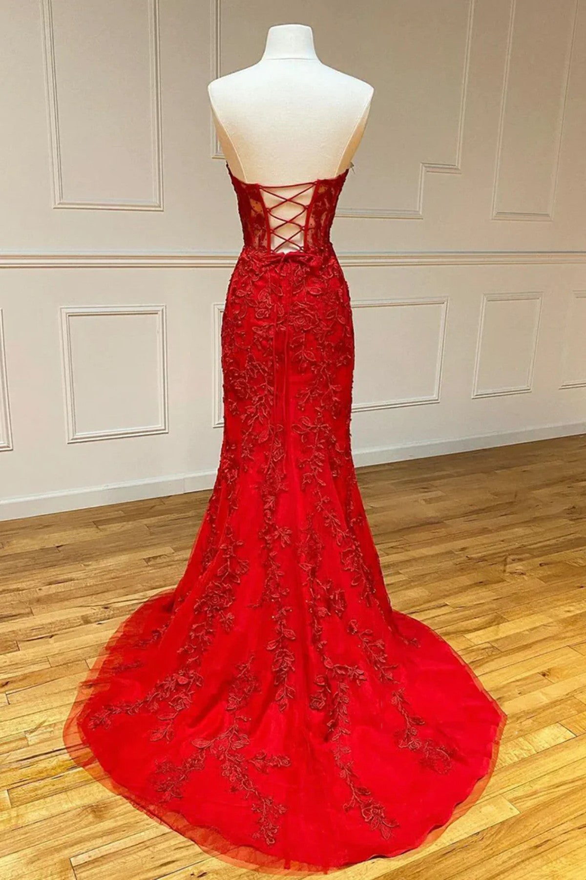 Red Strapless Sweetheart Mermaid Long Party Dress, Red Tulle with Lace Prom Dress