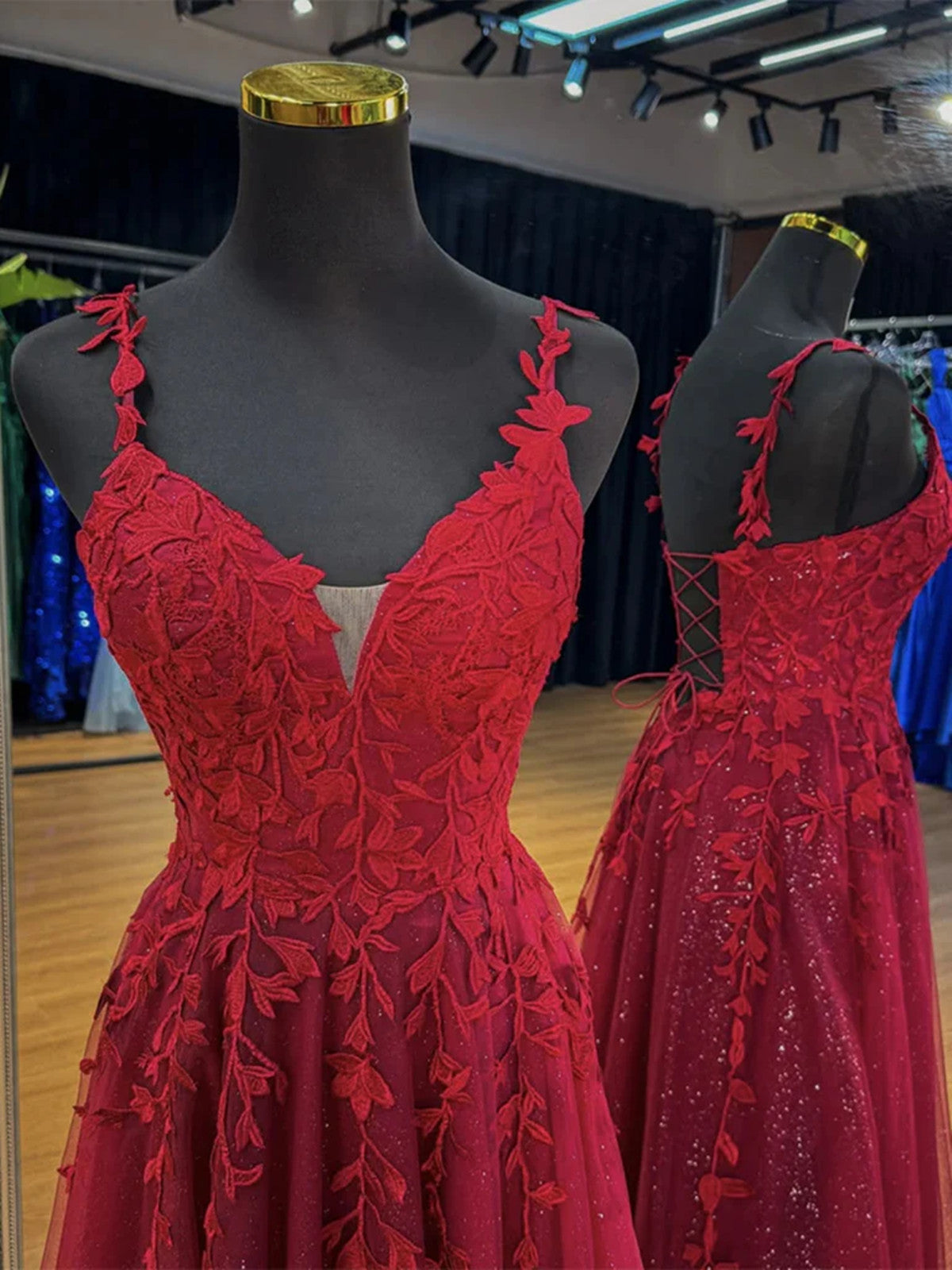 Wine Red V-neckline Tulle with Lace Applique Party Dress, Wine Red Prom Dress