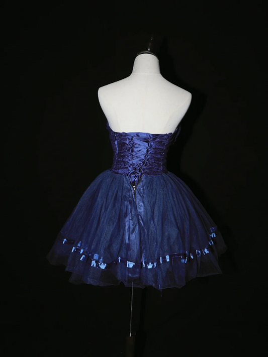 Navy blue strapless short ball gown with a cinched waist; bridal gown R7292