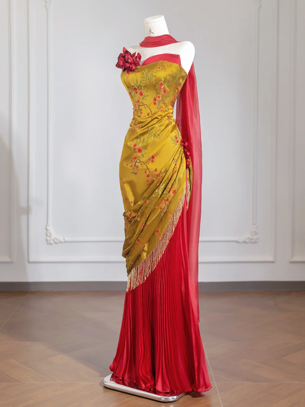 Yellow and red embellished strapless waist-cinching long classic ball gown/bridal dress R8240