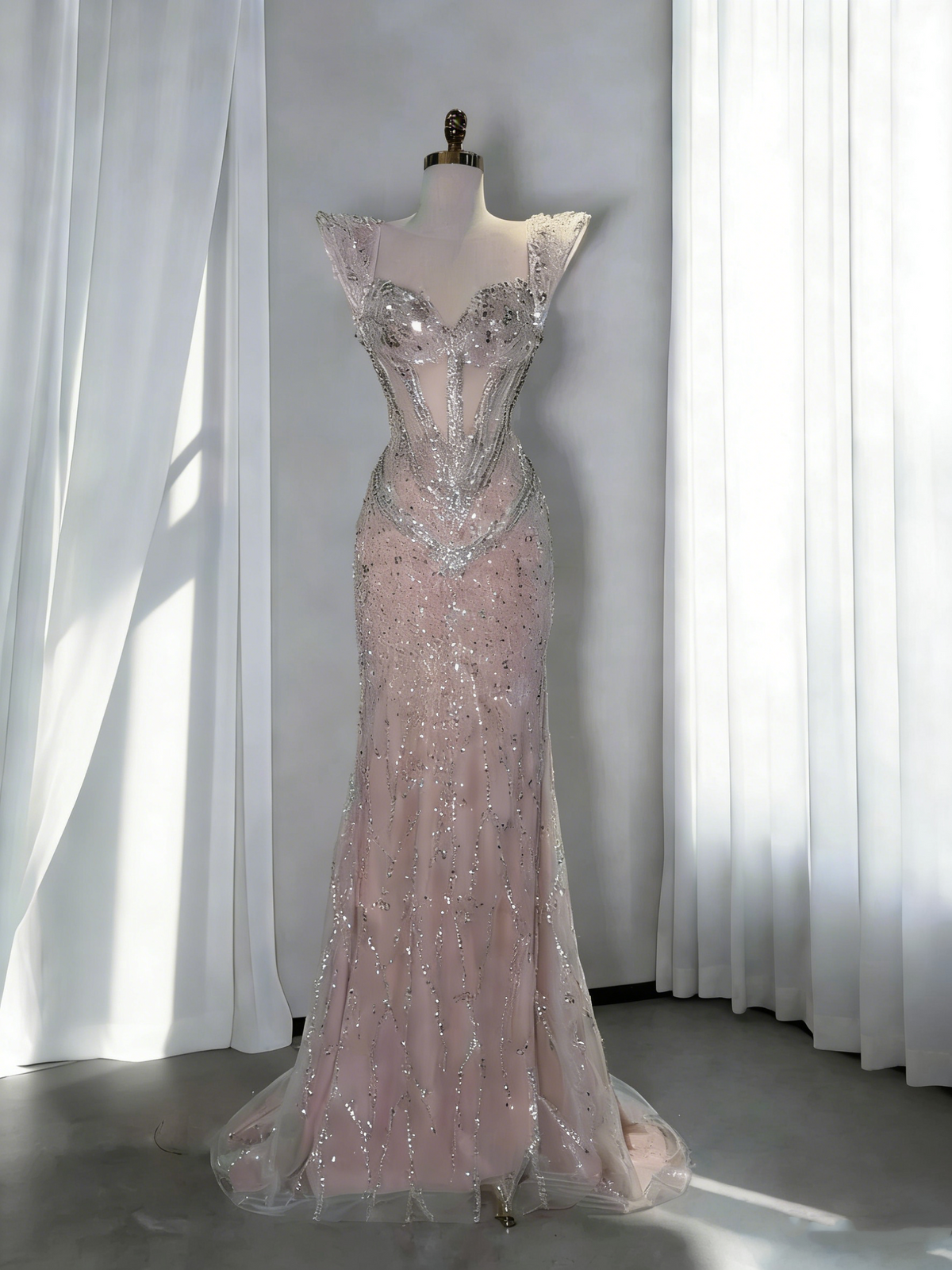 Elegant Pink Tulle Sequin Mermaid Birthday Prom Dresses Long Evening Dress SP1709