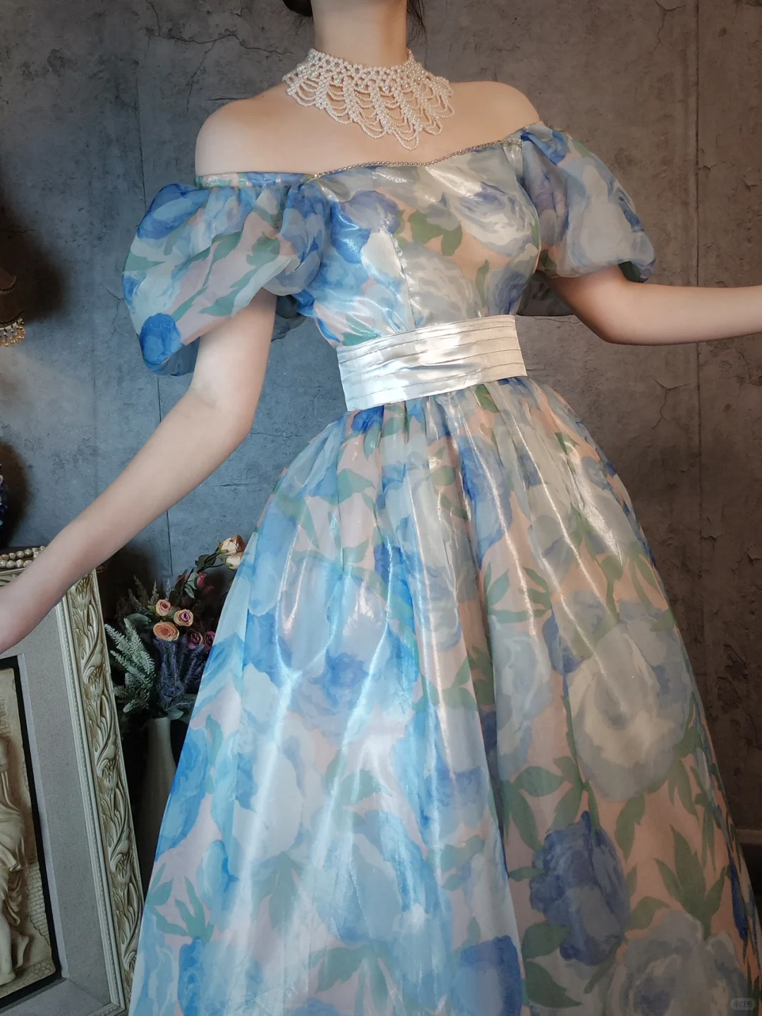 Retro Blue A-Line Printed Chiffon Long Evening Gowns Birthday Outfits, D1171