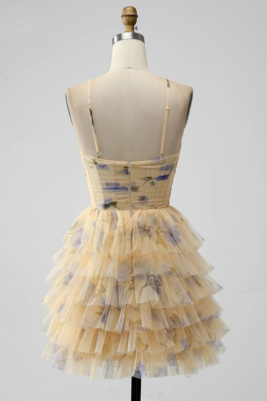 Vintage Yellow Floral Design A-line Spaghetti Strap Tiered Homecoming Dress, D1355