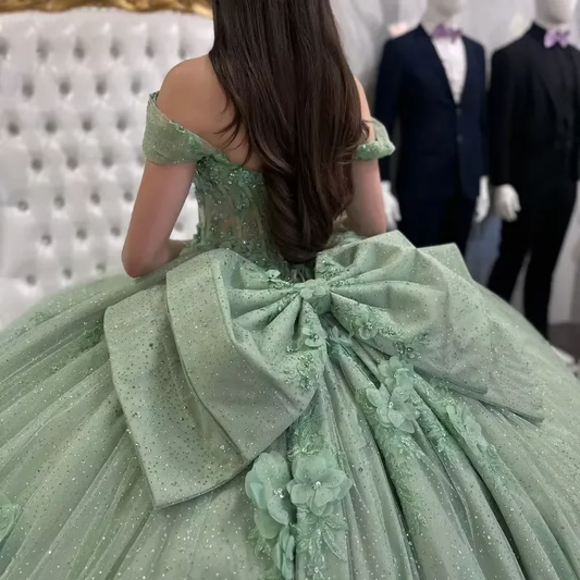 Beautiful Tulle Sequins Off The Shoulder Quinceanera Dress,Green Ball Gown With Bow cc2625