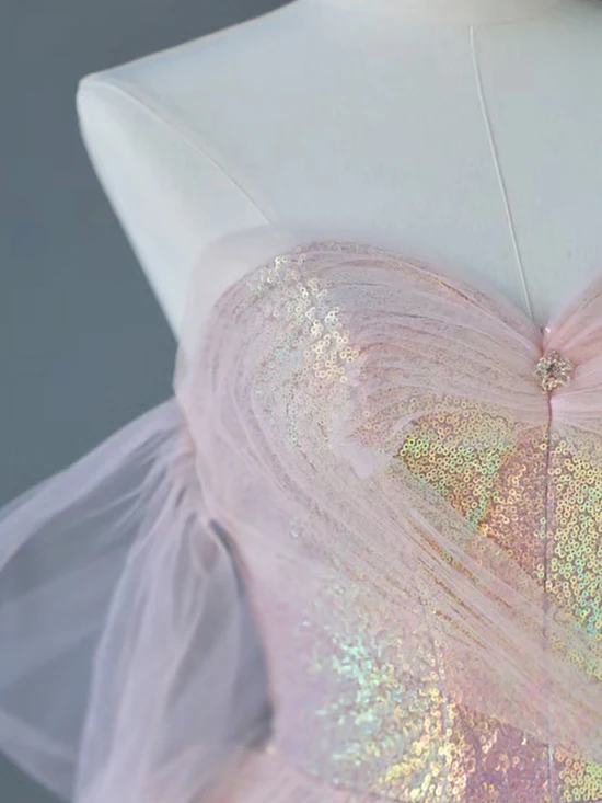 Pink Off Shoulder A-Line Sequins Long Formal Party Dress MD7406