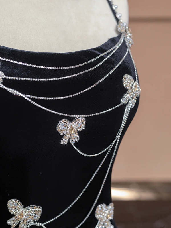 Black halter-neck beaded fitted waist slim hip-hugging sexy long ball gown/bridal dress R8293