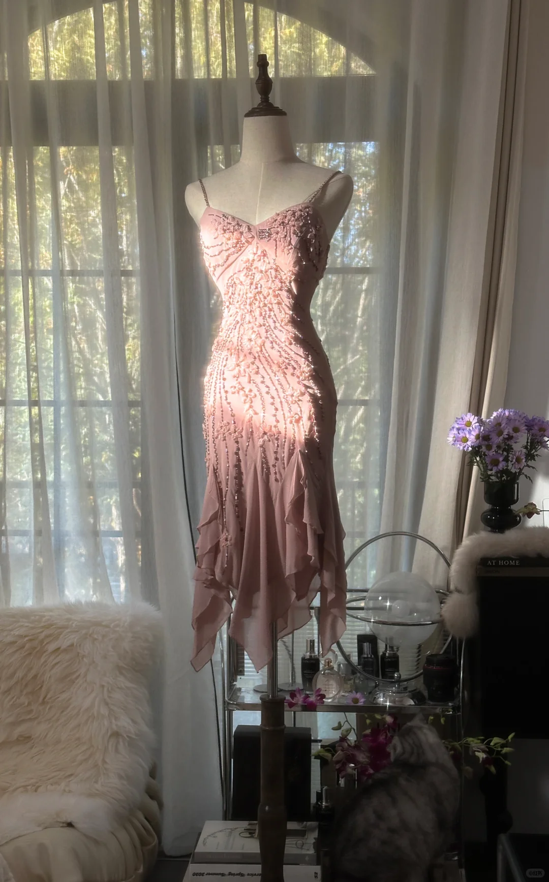 Retro Pink Sparkling Beaded Spaghetti Strap Romantic Chiffon Evening Dress Prom Dresses, D1460