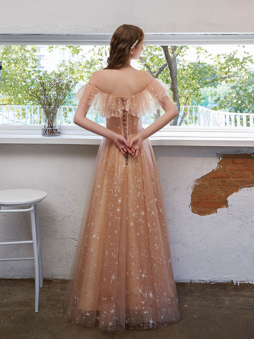 Champagne A-line Tulle Off Shoulder Prom Dress, Champagne Party Dress